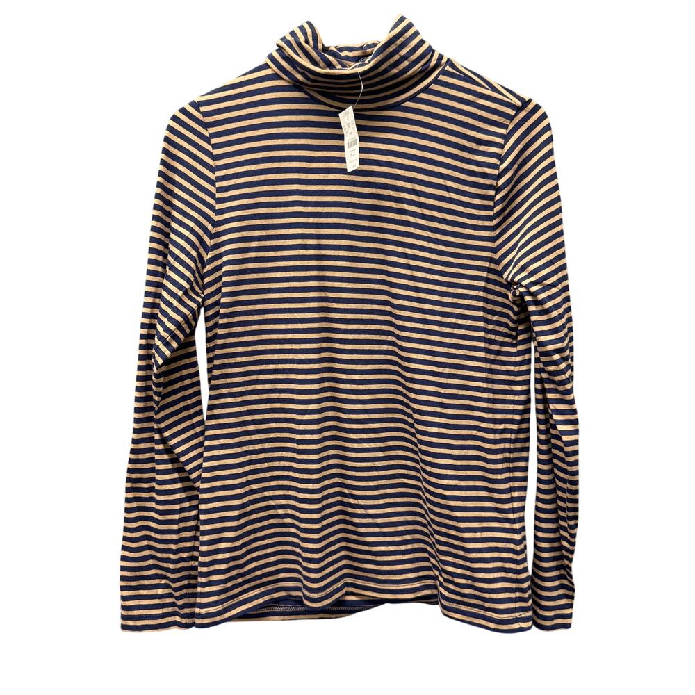 J Crew Turtleneck Womens Medium Blue Tan Striped Cotton Coastal Pullover NEW
